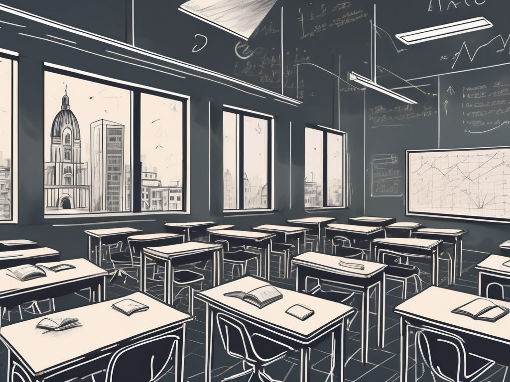 A dimly lit classroom with overcrowded desks and chairs