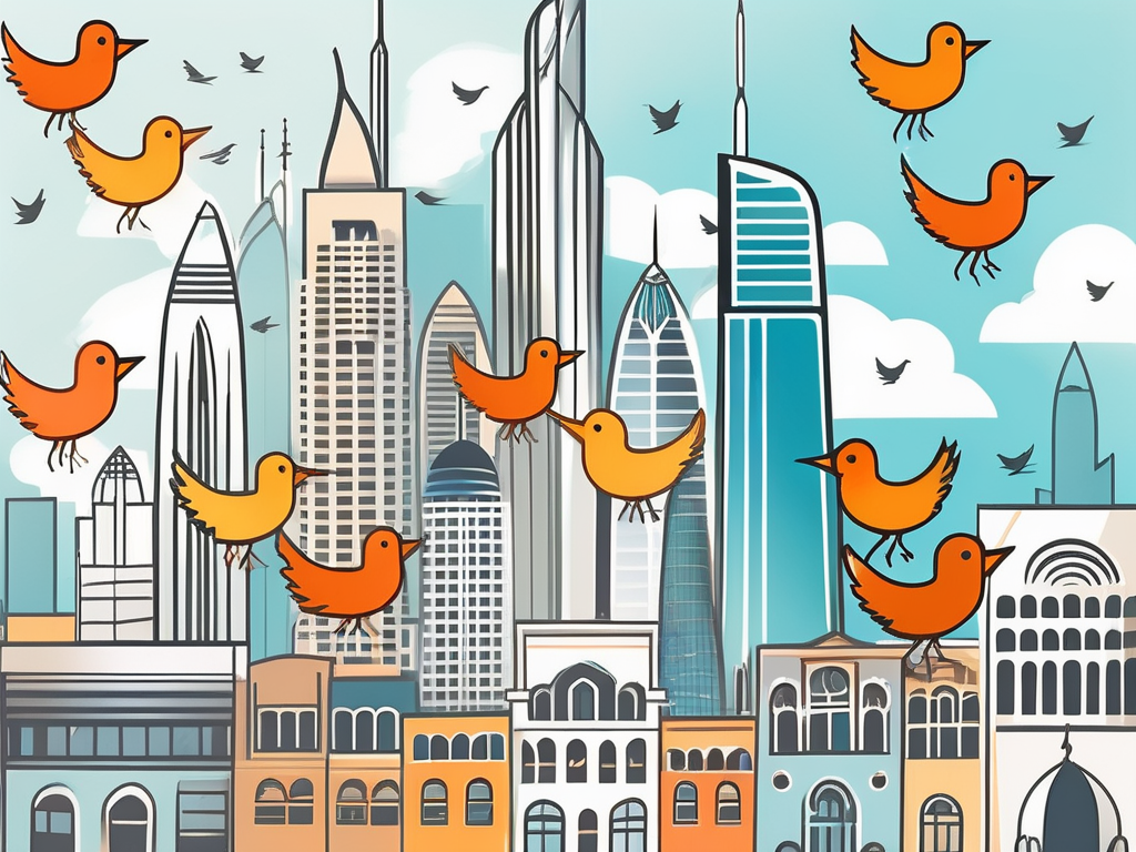 A collection of colorful twitter bird icons flying over the iconic dubai skyline