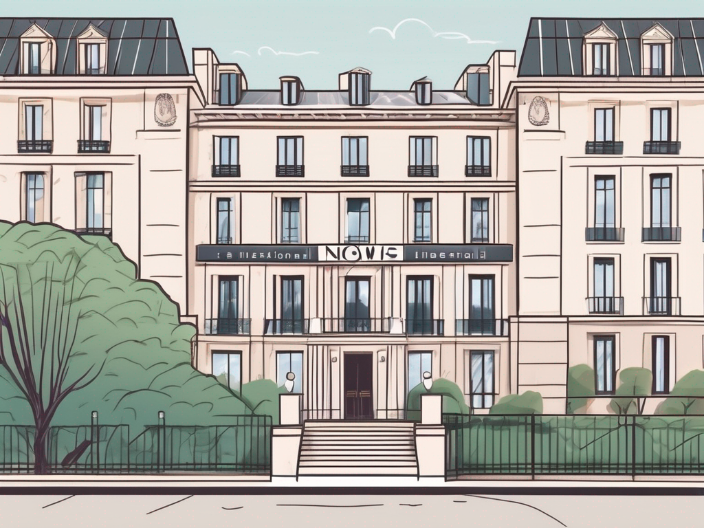 A parisian international school building with a "now hiring" sign on its front lawn