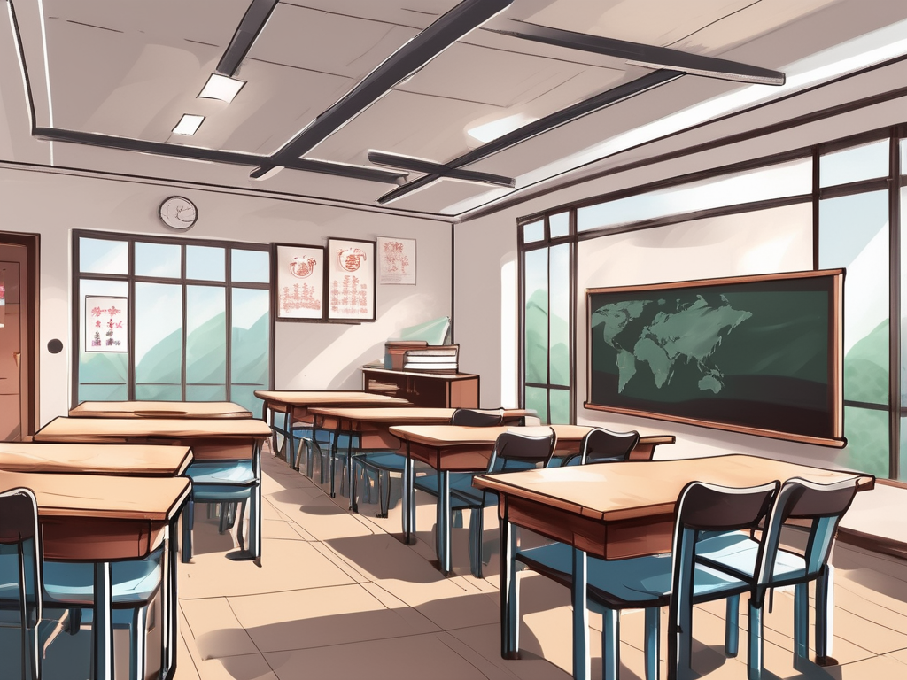 A classroom setting in china with a chalkboard