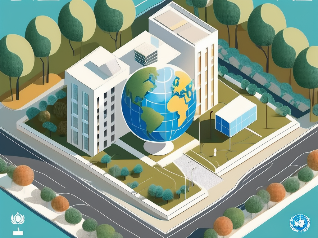 The united nations international school building surrounded by symbols of education like books