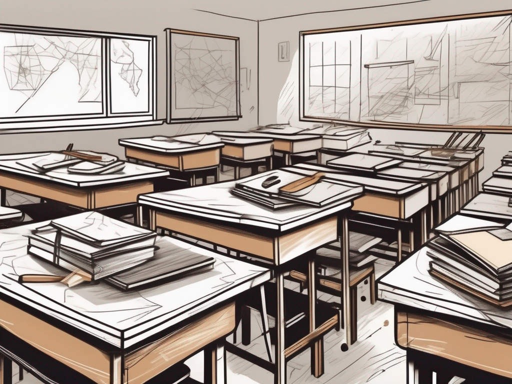 A cluttered classroom with broken desks and outdated educational tools