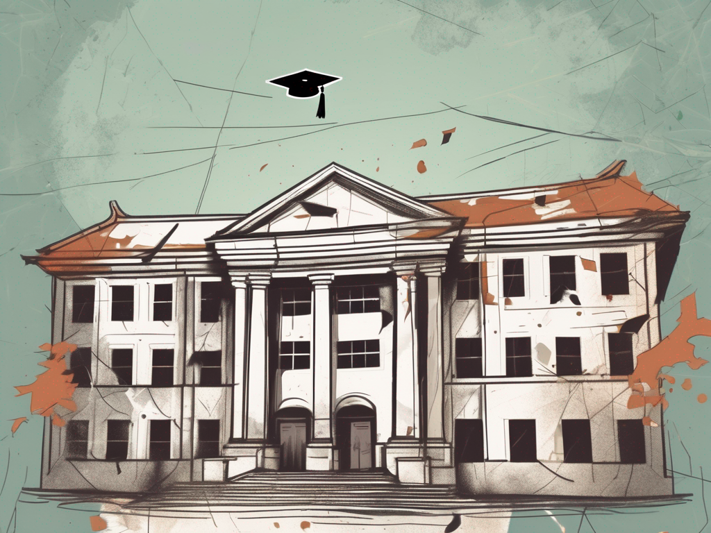 A dilapidated university building with a broken graduation cap on top