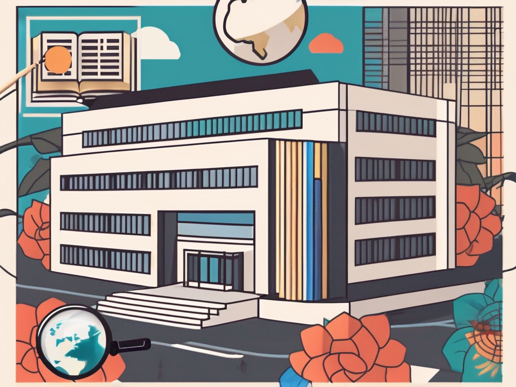 The taipei american school building with a magnifying glass hovering over it