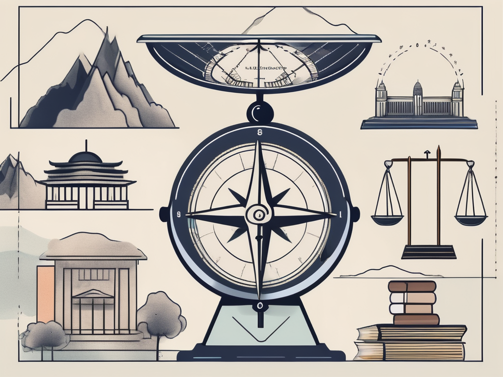 A balanced scale with symbols of teaching tools on one side and malaysian landmarks on the other