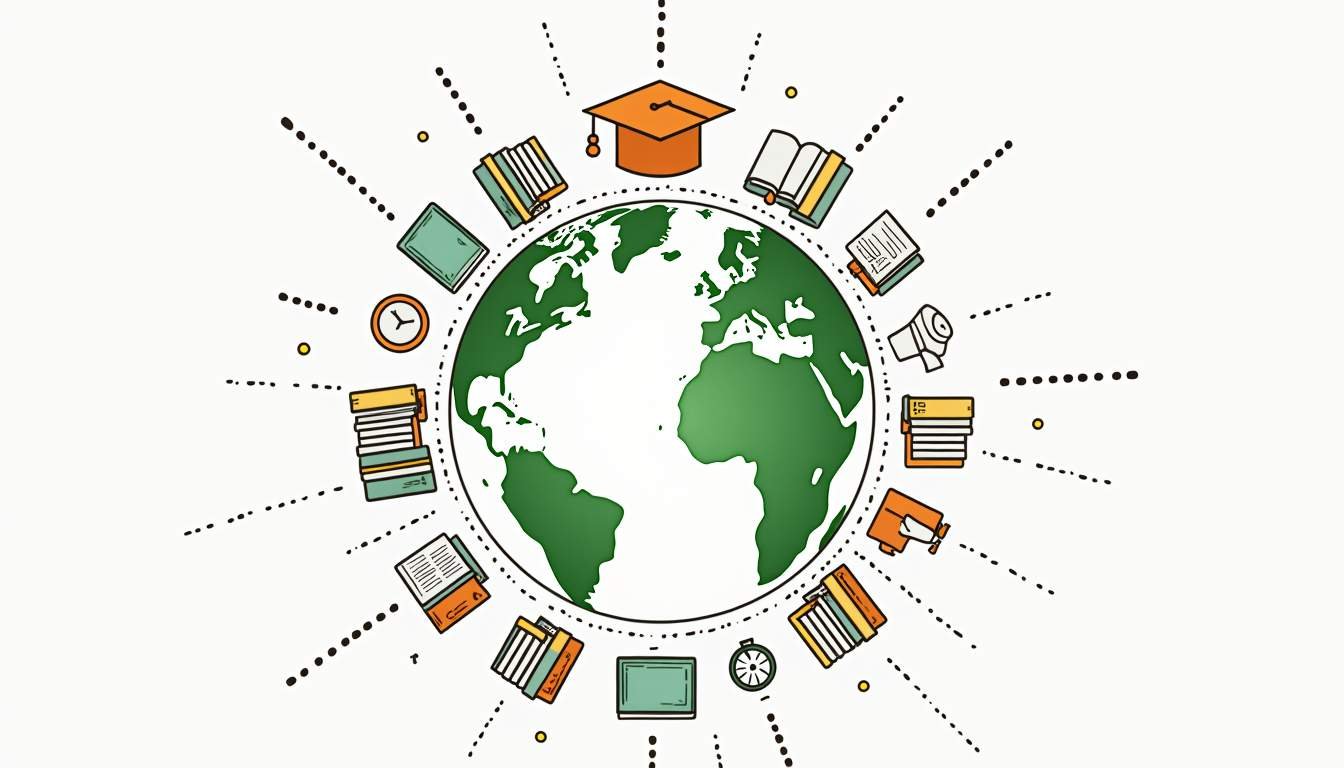An open globe surrounded by various educational symbols