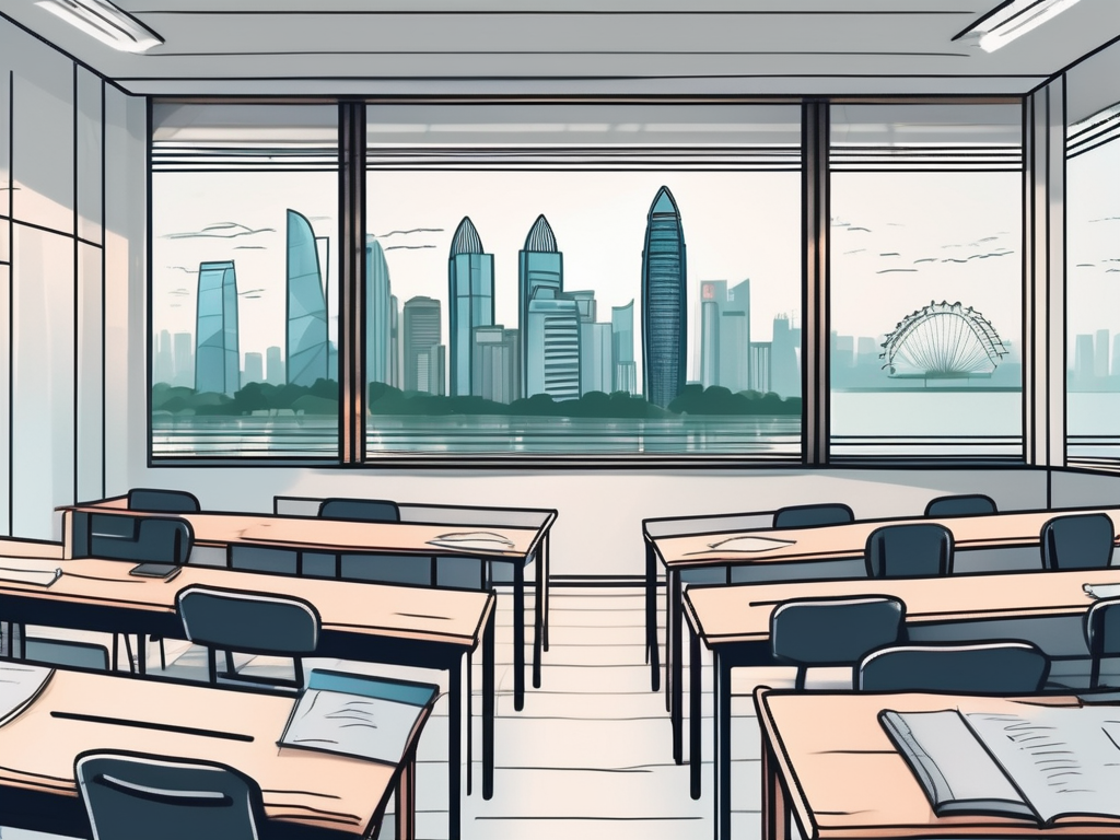 A modern classroom filled with advanced teaching tools and a view of singapore's iconic skyline in the background