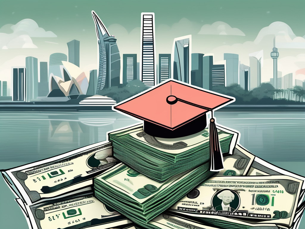 A graduation cap sitting on top of a stack of singaporean dollar bills