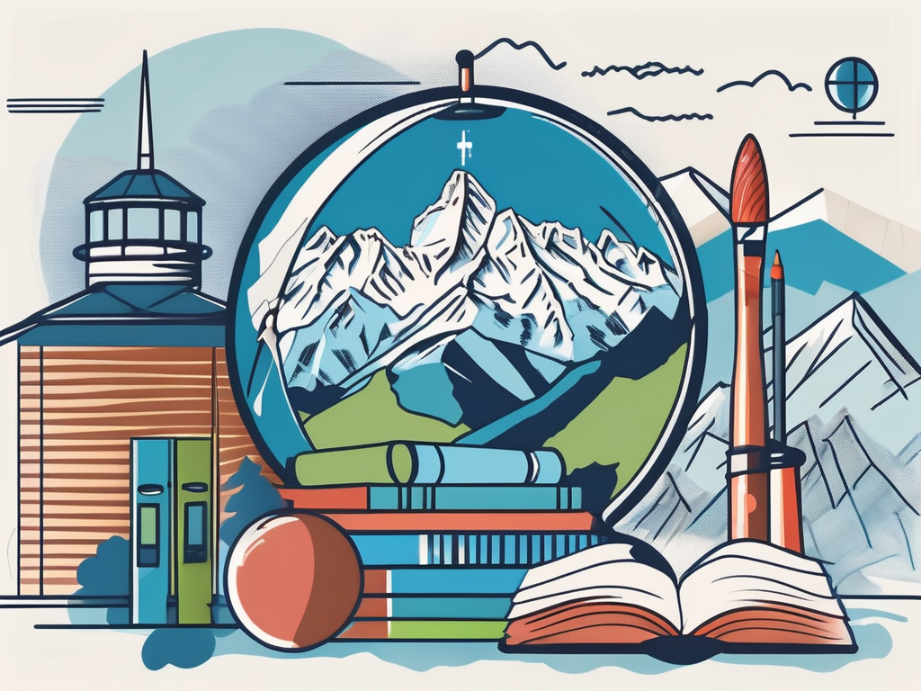 The zurich international school building surrounded by various educational symbols like books