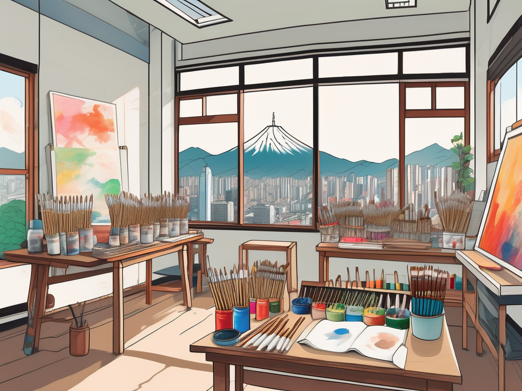A vibrant classroom in taiwan filled with various art supplies like paintbrushes