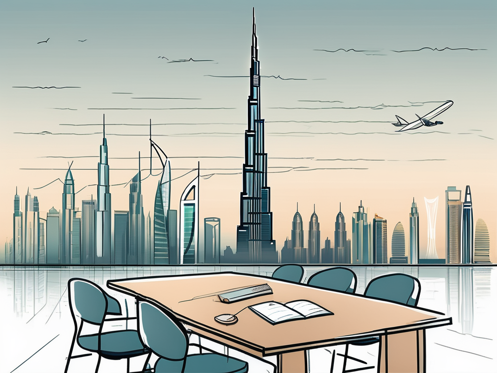 A classroom setting with a view of dubai's skyline