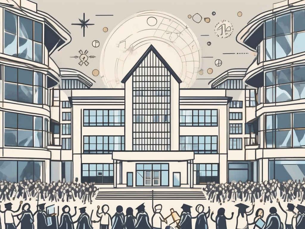 The munich international school building with light shining on it