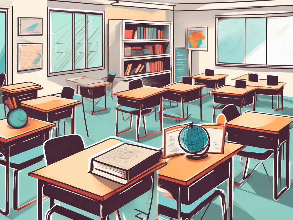 A vibrant classroom setting in dubai with various international teaching tools and elements