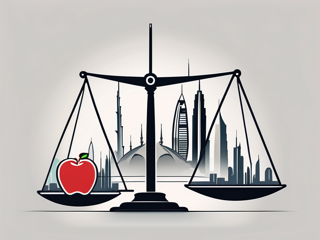 A balanced scale with iconic dubai landmarks on one side and educational symbols (like a graduation cap