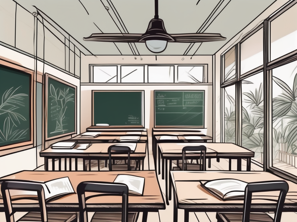 A scenic thai classroom with a chalkboard