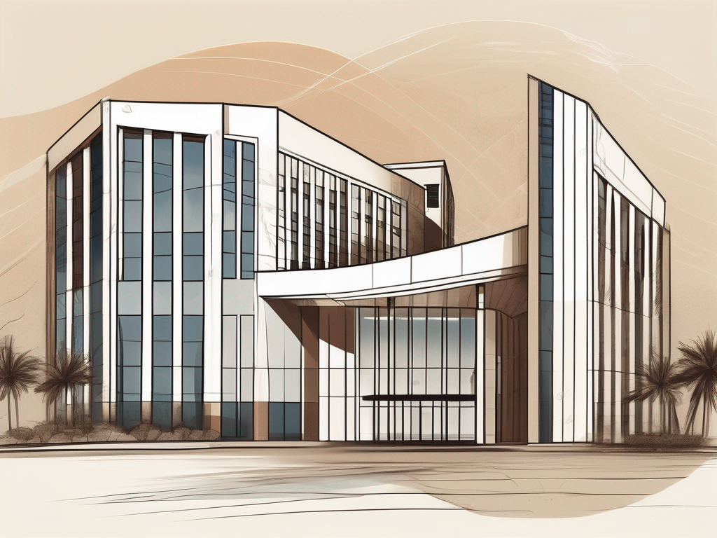 An international school building in dubai with a symbolic hourglass next to it