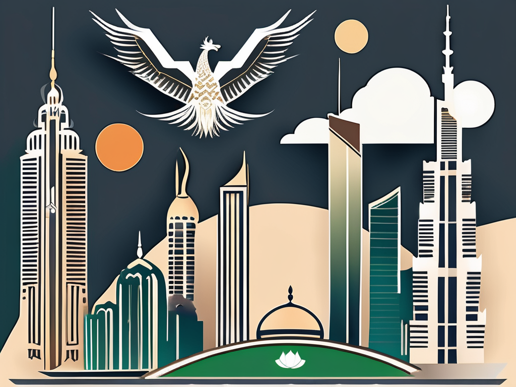 Various cultural symbols like a chinese dragon