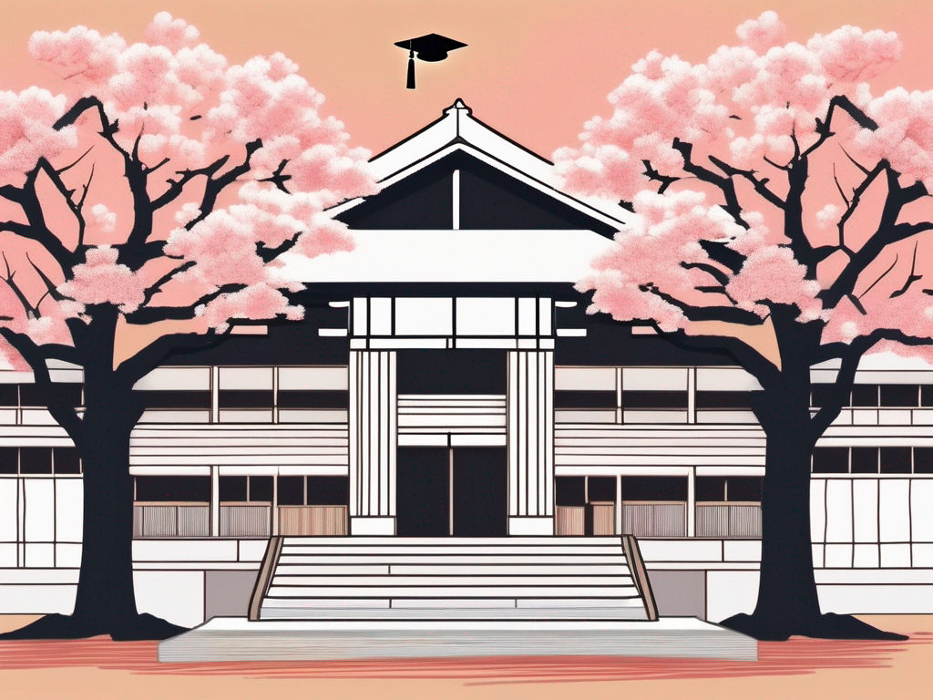 A traditional japanese school building with sakura trees around