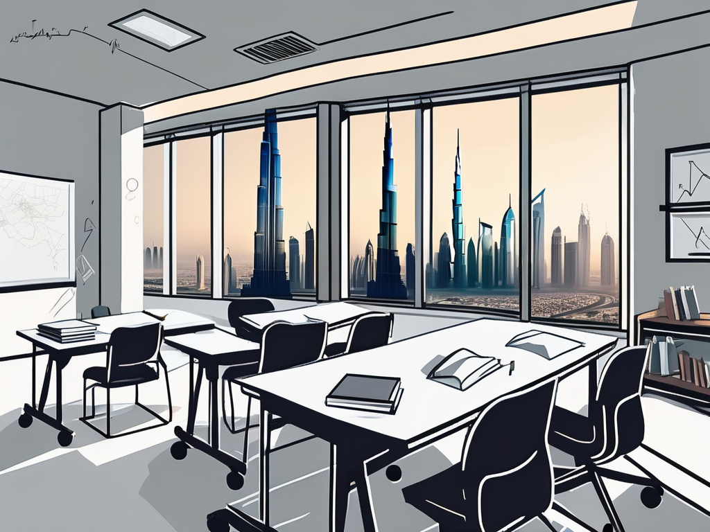 A classroom setting in dubai with a view of the skyline in the background