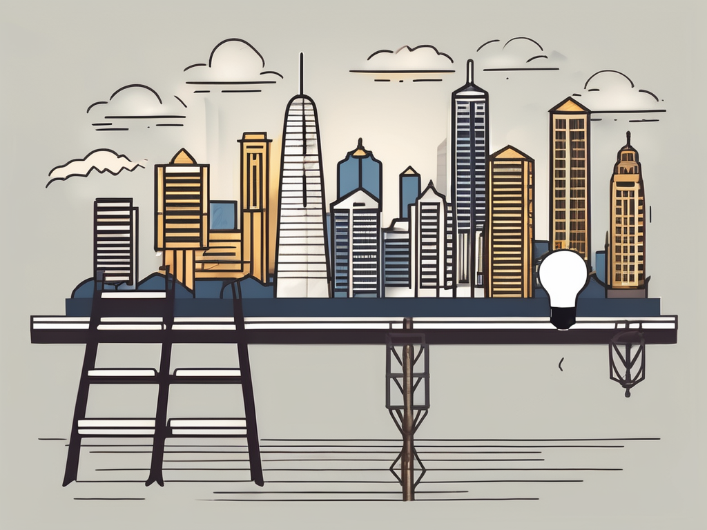 A ladder leaning against a hong kong skyline