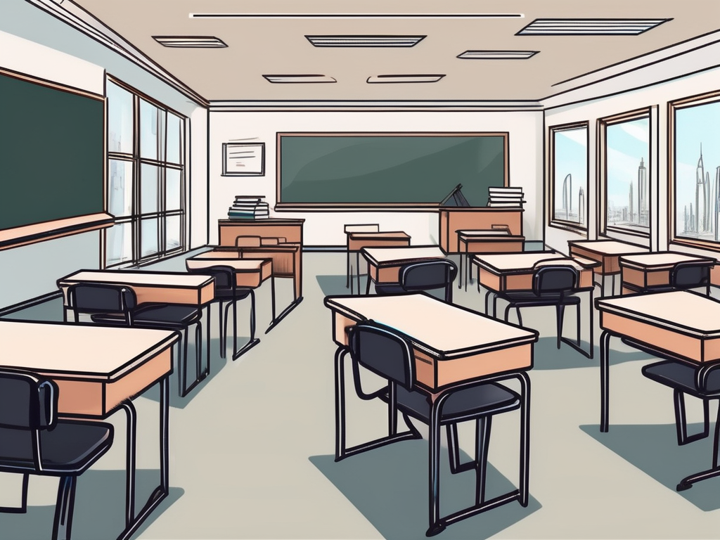 A classroom scene in dubai with empty desks