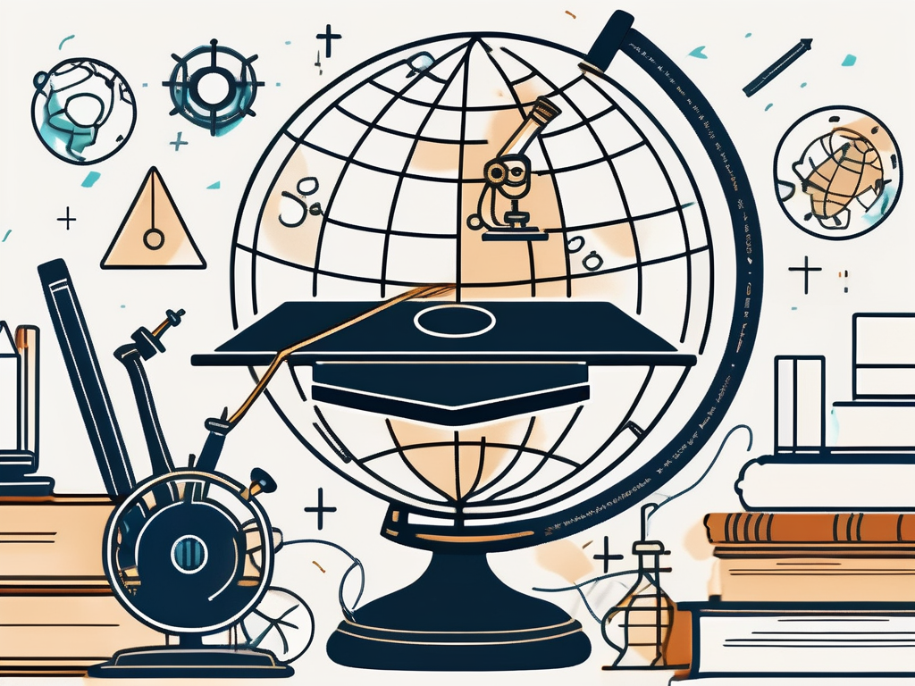 A globe with various educational symbols like books