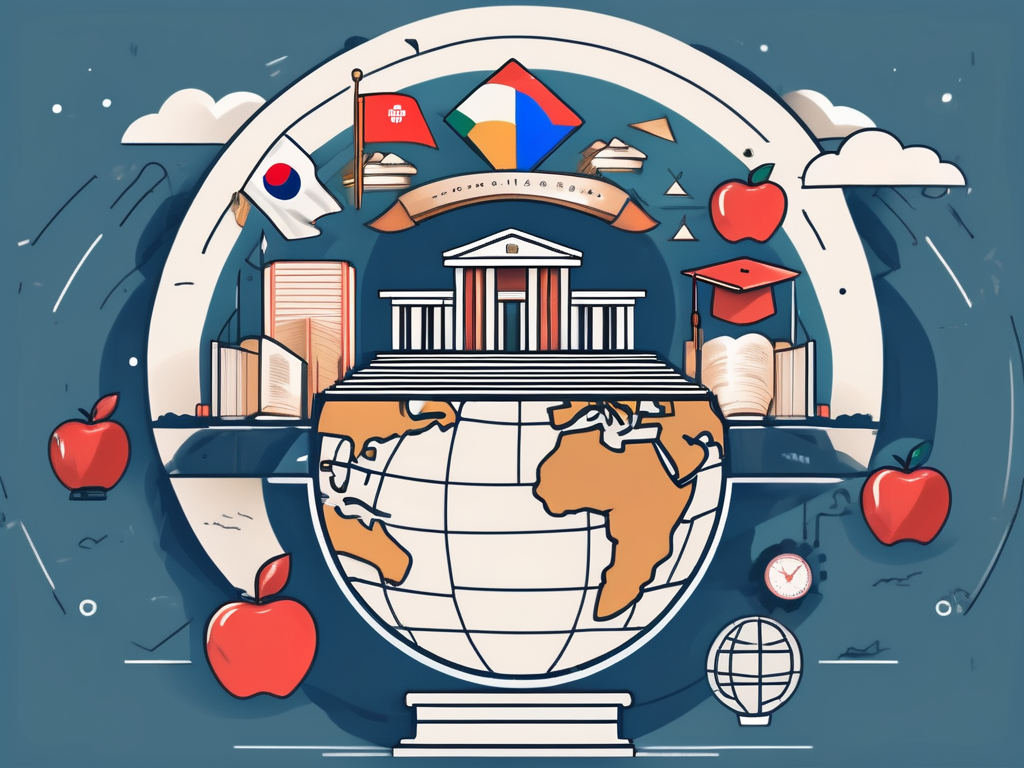 A classroom setting with various educational tools and symbols representing malaysia and qatar