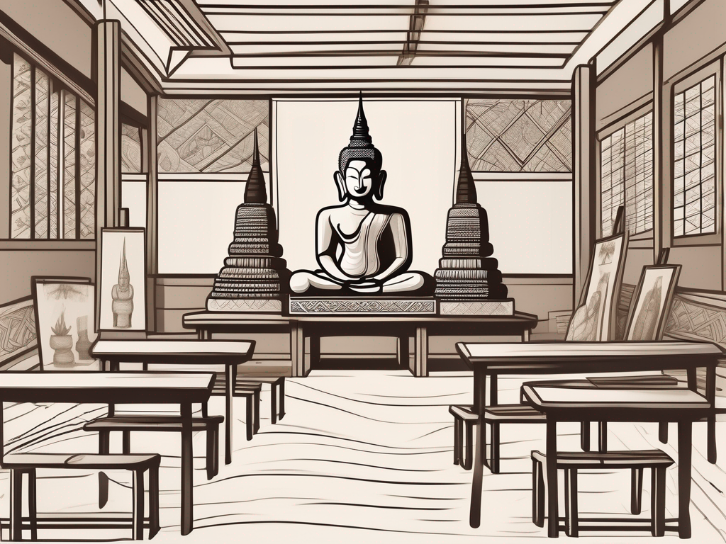 A traditional thai classroom setting with art supplies like paintbrushes