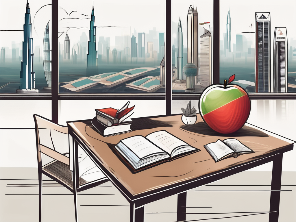 A classroom setting with iconic dubai landmarks in the background