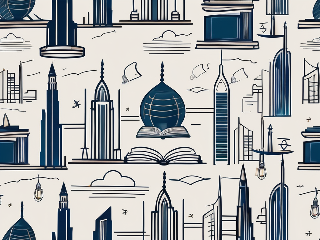 Dubai's iconic skyline with subtle symbols representing education