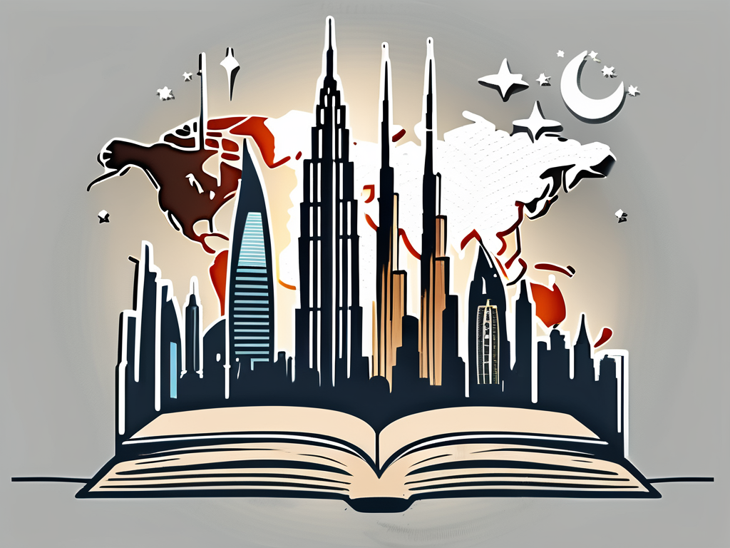 A stylized dubai skyline with iconic buildings