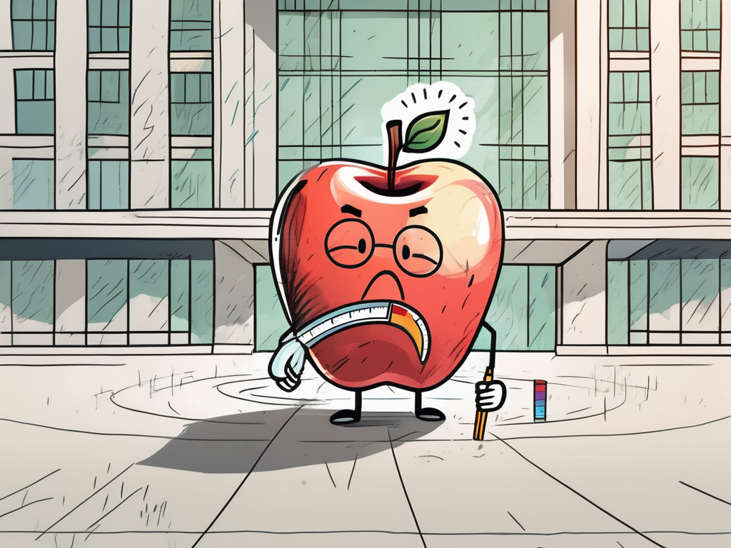 A stressed apple (symbolizing a teacher) with a thermometer in its mouth