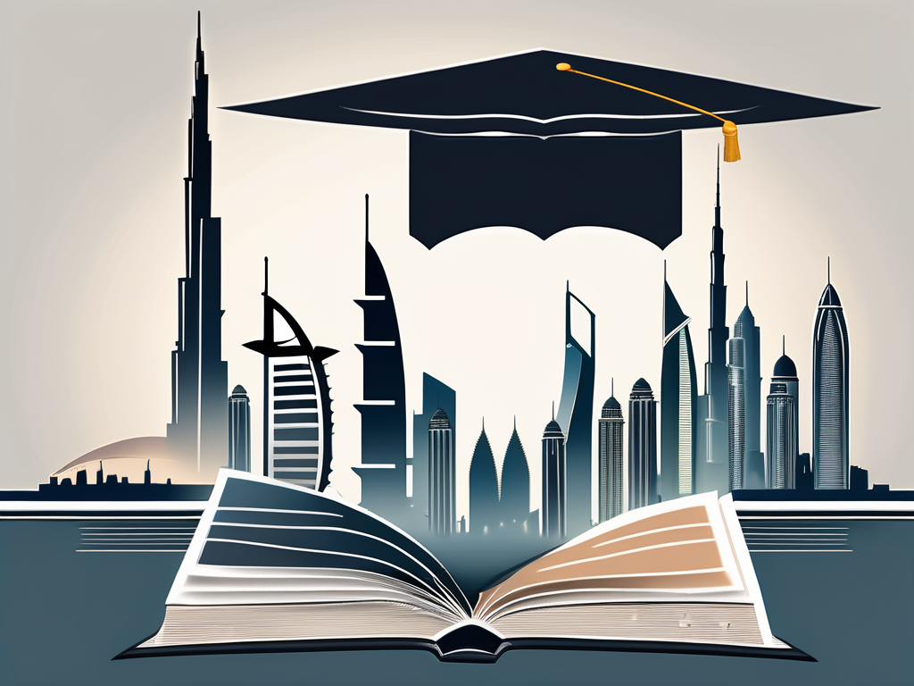 A classroom setting with a view of iconic landmarks from the top three asian countries (such as dubai's burj khalifa) in the background