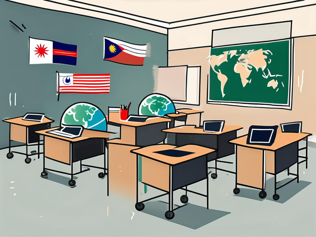 A classroom with various symbols representing challenges such as a cultural barrier