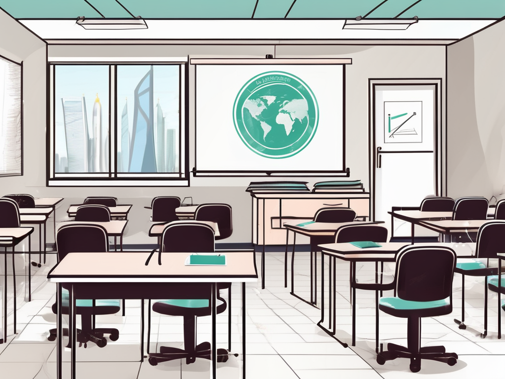 A classroom setting in dubai with highlighted teaching tools and an iqts (international quality teaching standards) emblem