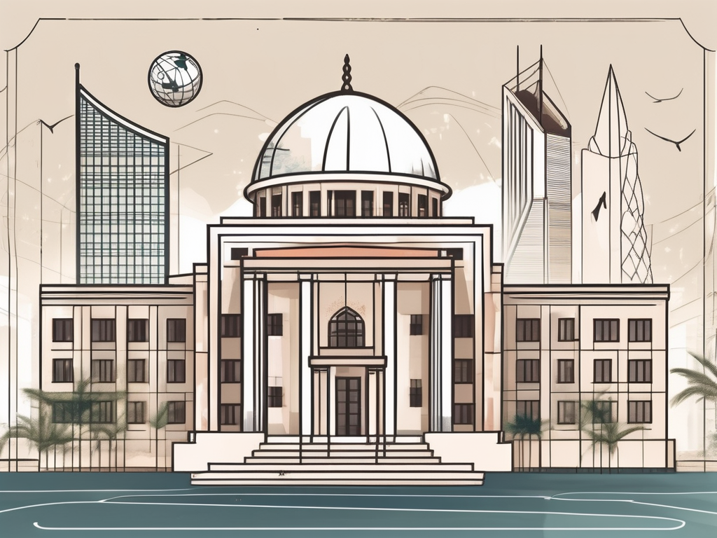 An international school building in the united arab emirates with a backdrop of iconic uae landmarks