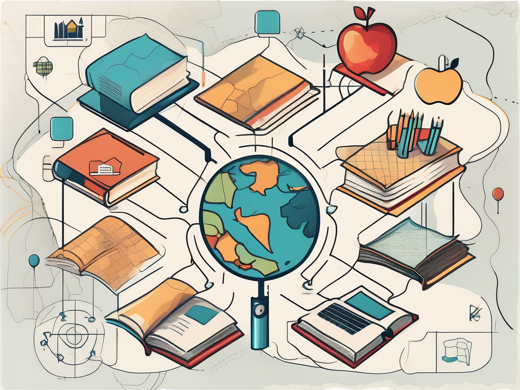 A diverse array of symbolic school elements such as books