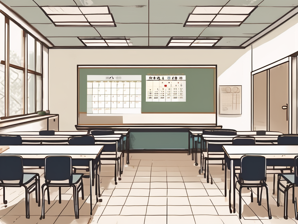 A classroom setting in an international school in tokyo with a calendar showing several years passing