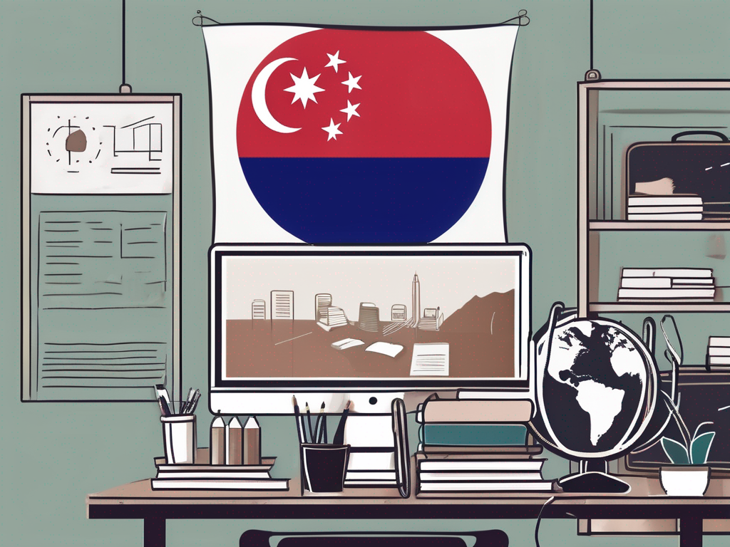 A classroom scene with various teaching tools and devices such as laptops