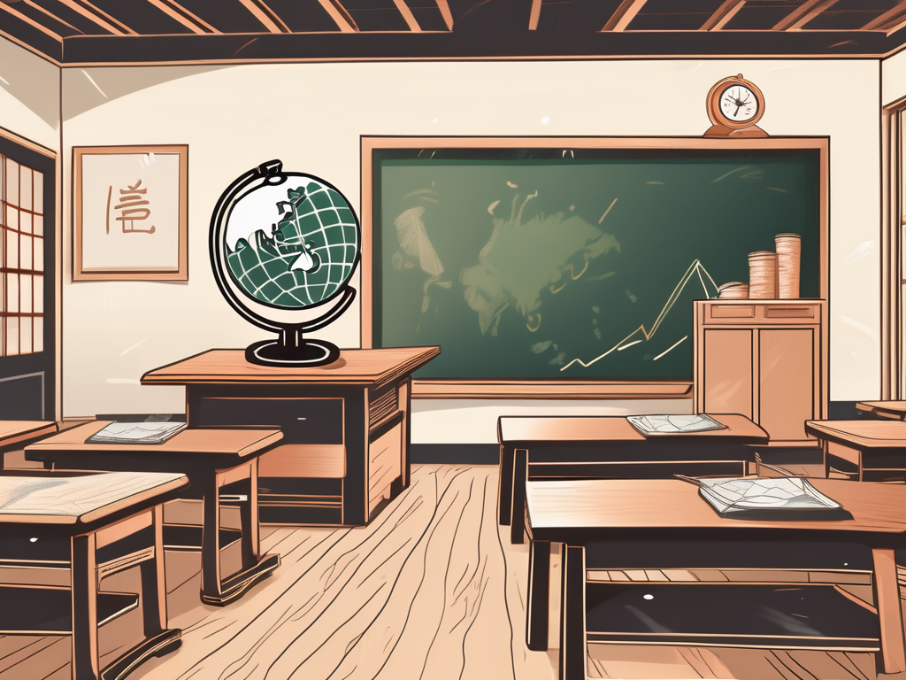 A traditional japanese classroom setting with a chalkboard