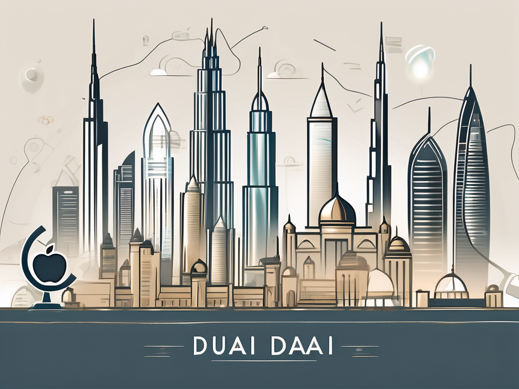 A modern dubai skyline with seven symbolic icons like a graduation cap