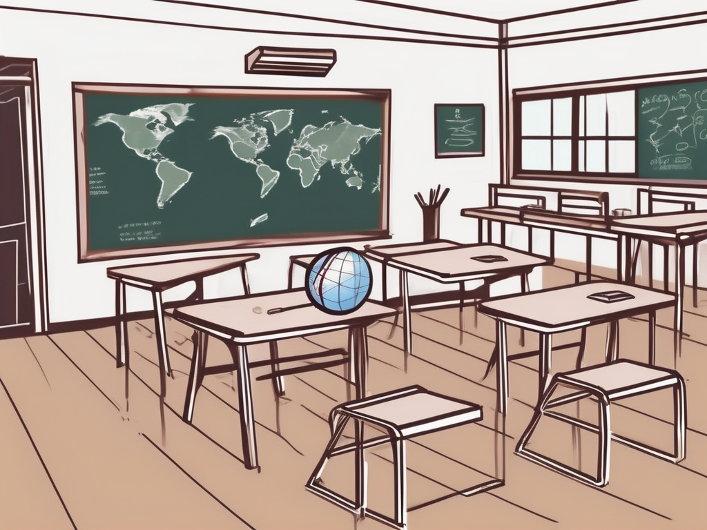 A classroom setting in thailand with an emphasis on various teaching tools such as a chalkboard
