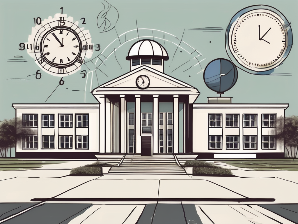 An international school building in vietnam with various symbolic elements such as a clock showing time passing