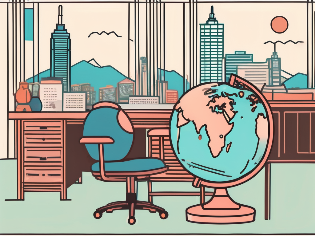 A classroom with iconic taiwanese elements like the taipei 101 building in the background