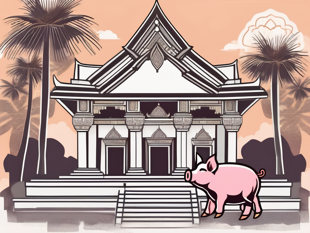A traditional thai school building with a piggy bank on the foreground