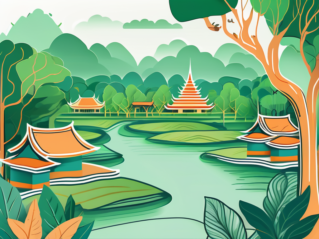 A lush thai landscape with elements symbolizing education