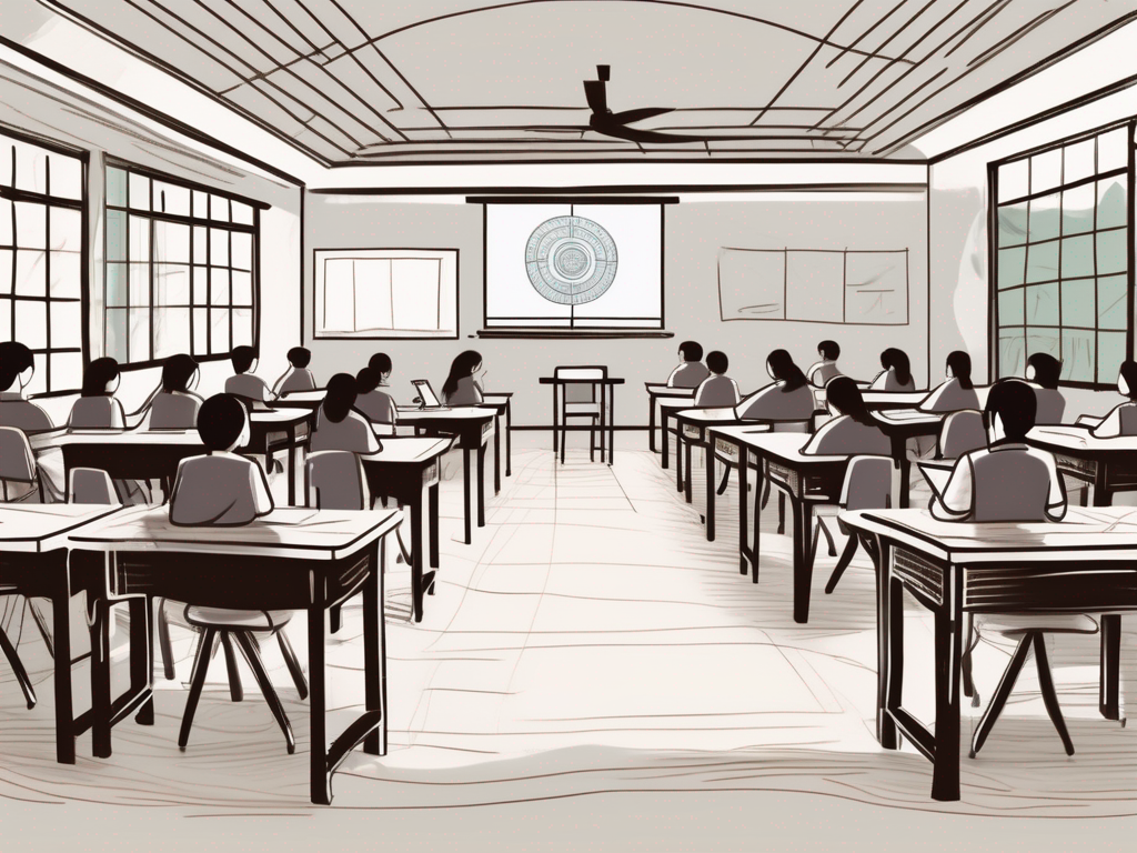 A classroom scene in cambodia with desks arranged in a circle