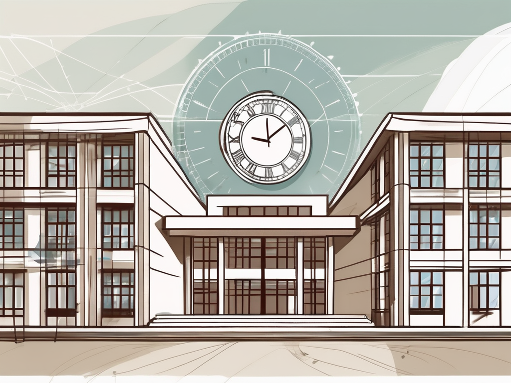 An international school building in hanoi with a timeline depicting different educational phases and a symbolic clock or hourglass to represent years of experience