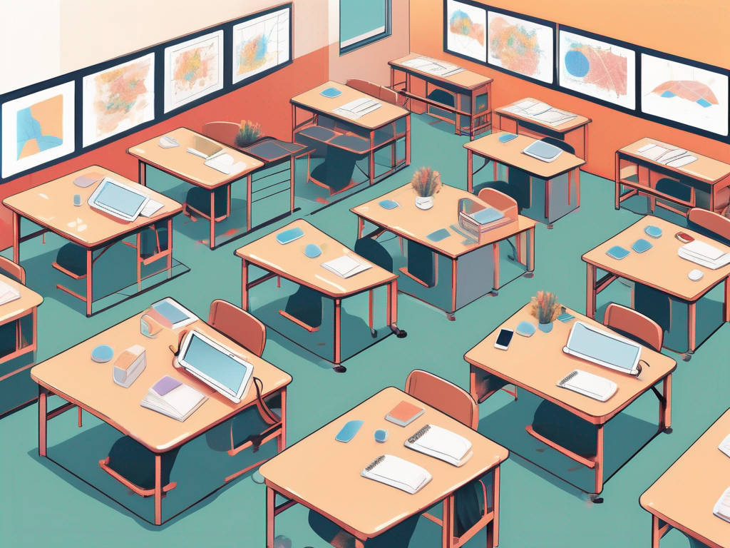 A japanese classroom setting with desks arranged in a circle