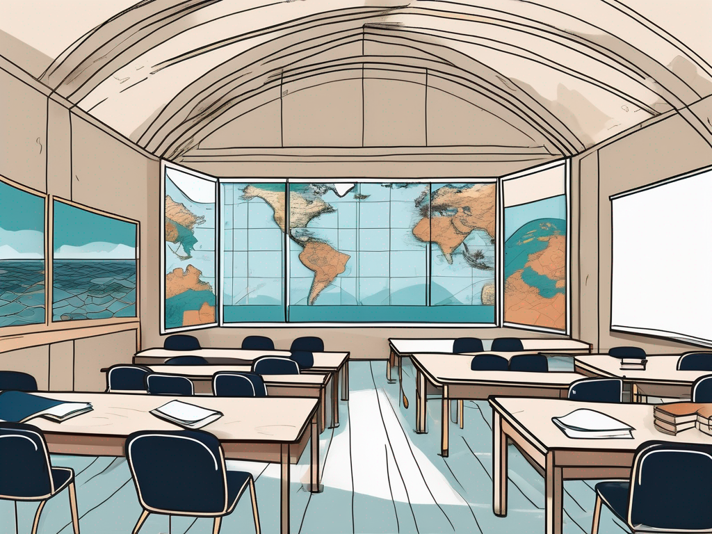 A classroom setting with a globe